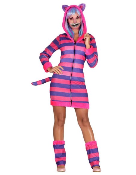 Costume gatto Cheshire a righe rosa e viola con cappuccio orecchie coda per donna Halloween