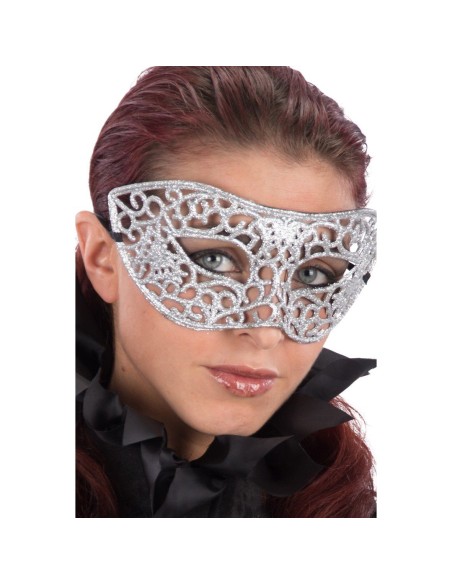 Mascherina veneziana argento intagliata con glitter e motivi decorativi traforati per feste in maschera