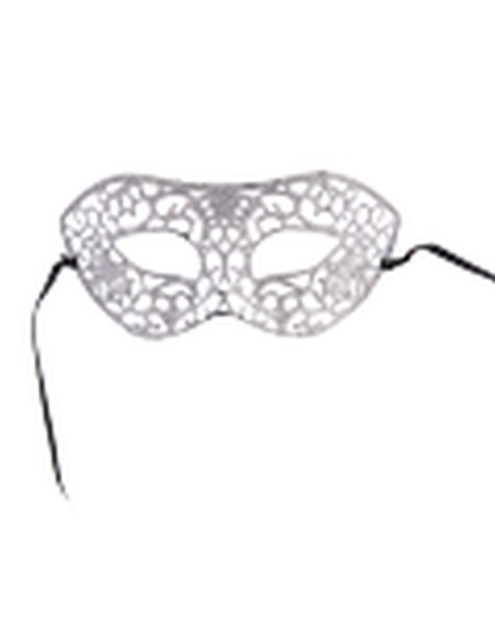 Mascherina veneziana argento intagliata con glitter e motivi decorativi traforati per feste in maschera