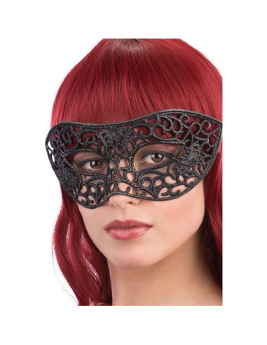 Maschera veneziana nera con intagli decorativi e glitter indossata da donna con capelli rossi
