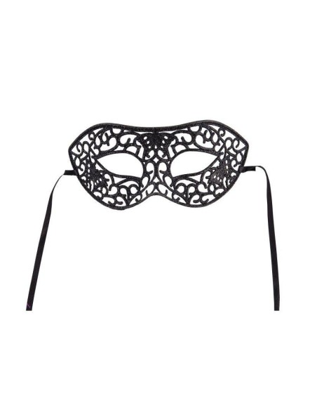 Maschera veneziana nera con intagli decorativi e glitter indossata da donna con capelli rossi