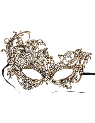 Maschera dorata macramè con decorazioni elaborate e lacci neri per feste eleganti