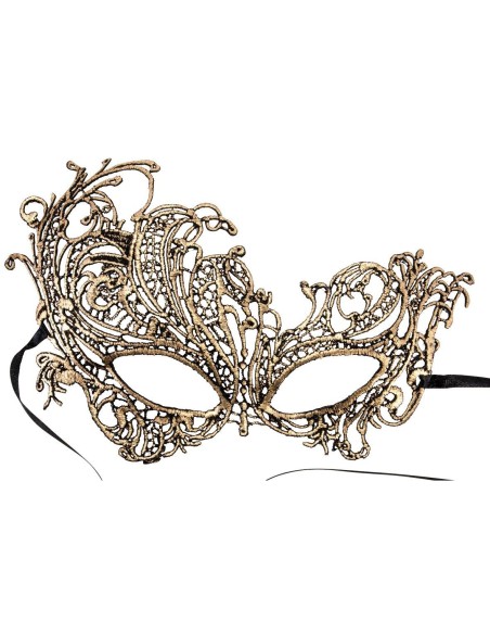 Maschera dorata macramè con decorazioni elaborate e lacci neri per feste eleganti