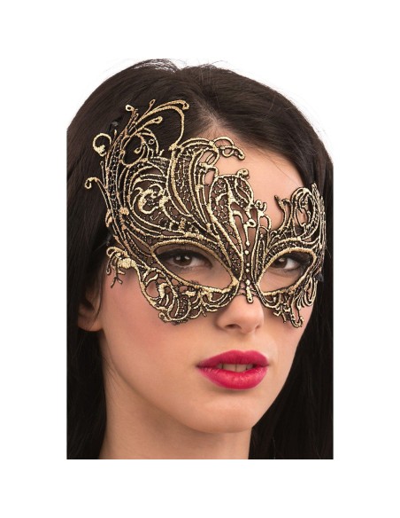 Maschera dorata macramè con decorazioni elaborate e lacci neri per feste eleganti