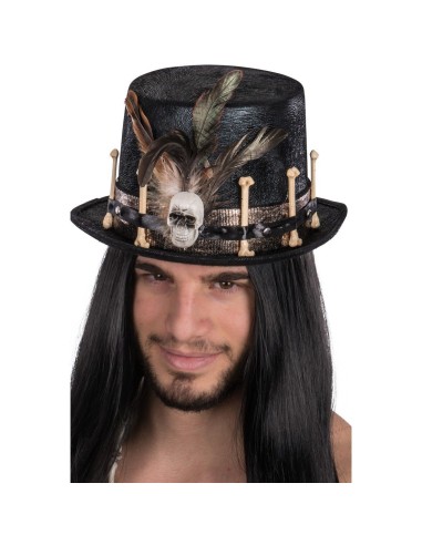 Cappello cilindro nero con decorazioni teschi ossa e piume per costumi Halloween horror gothic