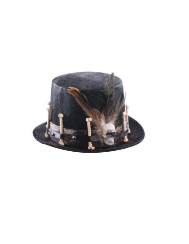 Cappello cilindro nero con decorazioni teschi ossa e piume per costumi Halloween horror gothic