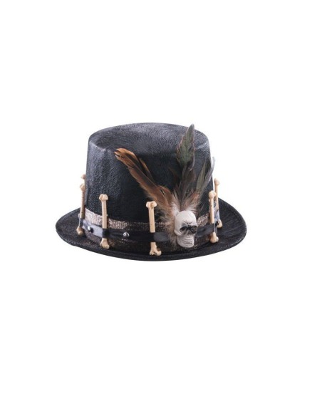 Cappello cilindro nero con decorazioni teschi ossa e piume per costumi Halloween horror gothic