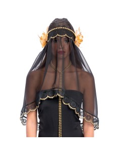 Copricapo nero in pizzo con velo trasparente e decorazioni dorate per costume Halloween vedova