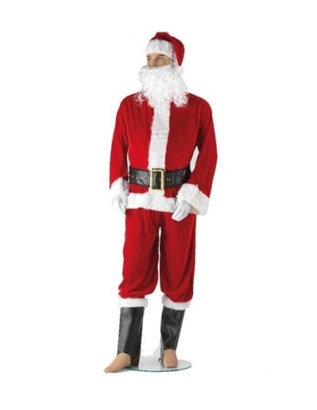 Costume Babbo Natale rosso completo con barba bianca, cappello, cintura e guanti per feste natalizie