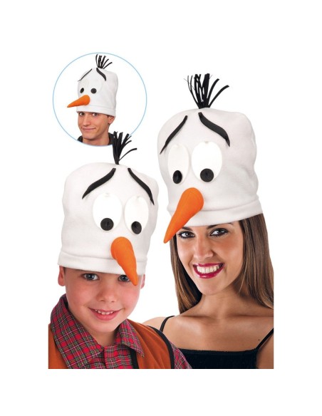 Cappello pupazzo di neve bianco con occhi neri, naso carota arancione e capelli a rametti per costume invernale