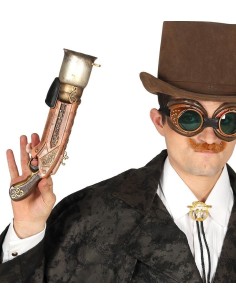 Pistolone steampunk decorato 33 cm con finiture dorate per costume vittoriano futuristico
