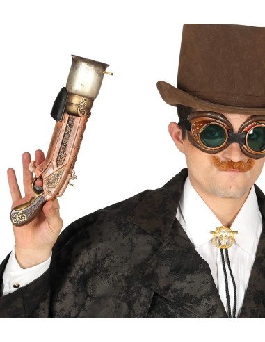 Pistolone steampunk decorato 33 cm con finiture dorate per costume vittoriano futuristico