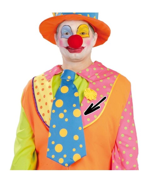 Cravatta clown rosa con pois gialli indossata da costume multicolore da circo per feste