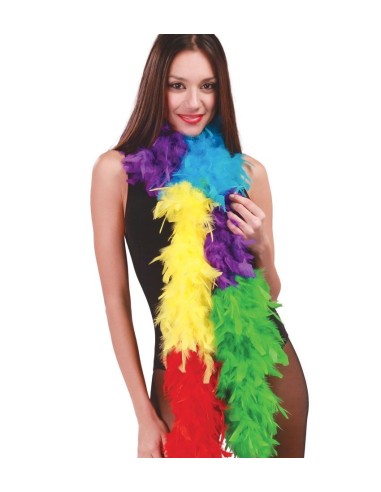 Donna che indossa boa piumato multicolor rosso verde giallo blu viola per feste e travestimenti carnevale
