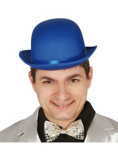 Bombetta blu classica indossata da uomo con papillon per costume d'epoca vittoriano