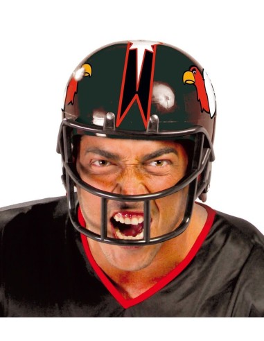 Caschetto da football americano nero con decorazioni rosse e gialle e griglia protettiva per costume sportivo