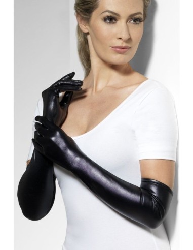 Guanti lunghi lucidi neri in similpelle fino al gomito per costume elegante donna