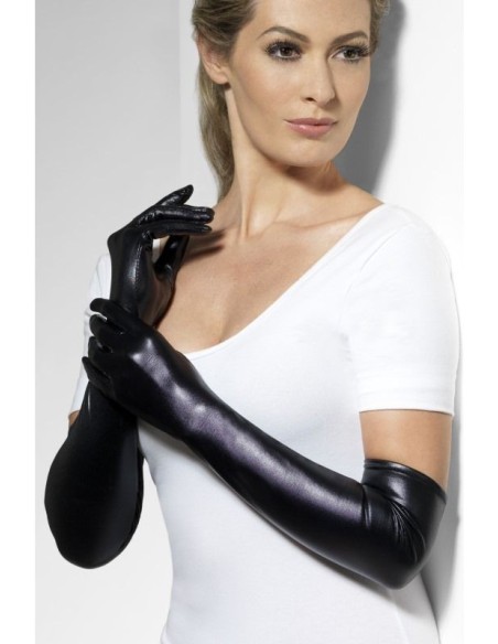 Guanti lunghi lucidi neri in similpelle fino al gomito per costume elegante donna